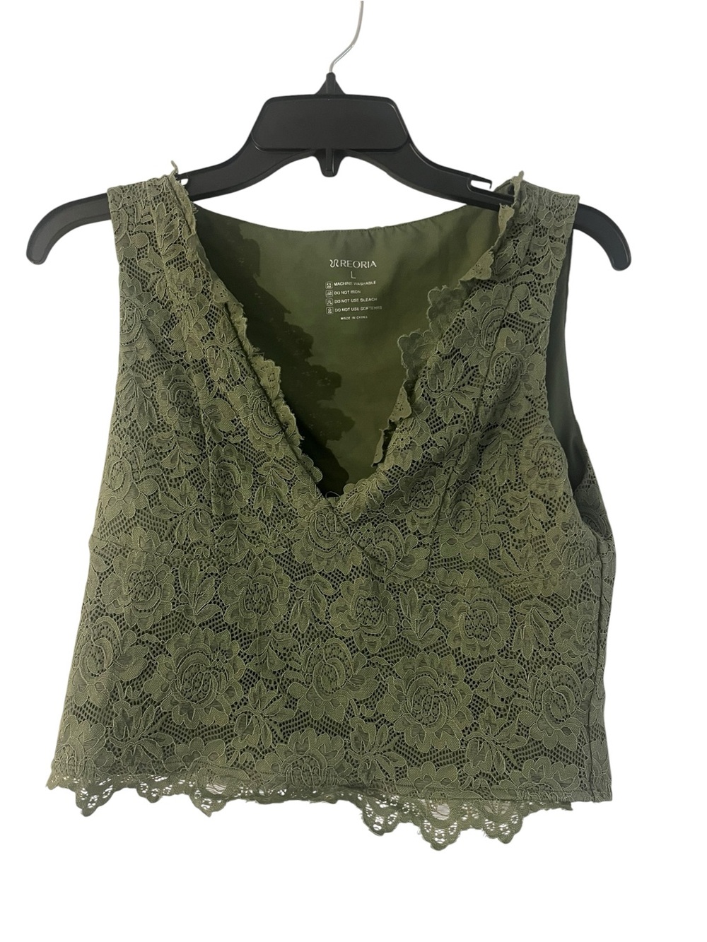 ReoRia Olive Green Lace V-Neck Tank Top